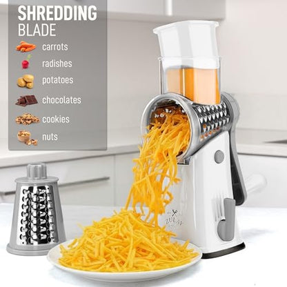 Zulay Kitchen Rotary Cheese Grater 5 Blade Cheese Shredder - Manual Hand Crank Cheese Grater With Reinforced Suction & 5 Interchangeable Drums - Easy to Use, Vegetable Chopper Round Mandoline Slicer - color: Gray and White