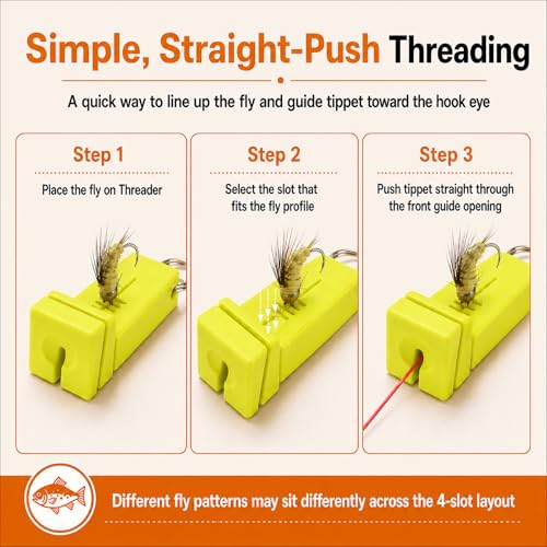 Fly Fishing accessories- Magnetic Fly Threader Bright Orange, 4-Slot Precision Threading Tool for Fly and Ice Fishing, Lightweight Plastic Hook Threader with Keychain for Wading Low Light Cold Hands | Magnetic Fly Threader for Tiny Hook Eyes, Cold Hands,