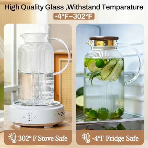 Buaic 2 PACK Glass Pitcher with Lid and Widened Handle, 68oz/ 2 Liter Classic Vertical Stripes Water Pitcher with Wooden Lids,Glass Water Carafe for Cold Brew, Coffee,Iced Sun Tea,Beverage,Hot/Cold - color: Clear, size: 2L-Wooden Lids