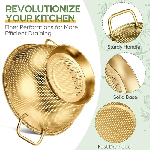 Bokon 3 Pcs Stainless Steel Colander Set Colander Bowl and Sieves 1/3/5 Quart Metal Mesh Strainer Net Basket with Handles Food Spaghetti Strainer for Kitchen Draining Pasta Rinsing(Gold) - color: Gold