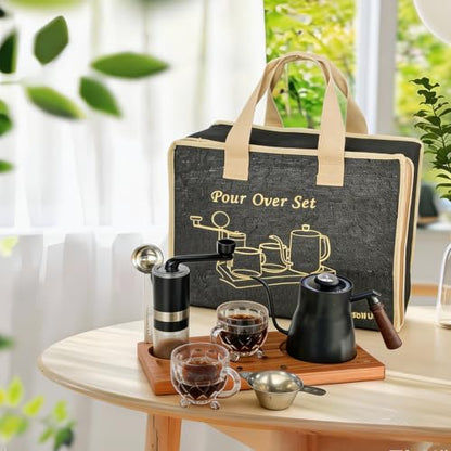 Pour Over Coffee Set, 5-in-1 Kit: 28oz Gooseneck Kettle with Thermometer, Grinder, 2 Glass Cups, Scoop & Wood Tray – Gift for Home Office Camping (Grey Box 5)