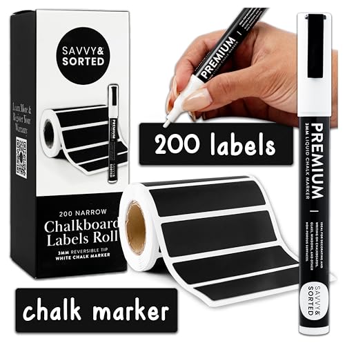 200 Chalkboard Labels for Containers, Removable Black Jar Labels Stickers with Chalk Marker, Reuseable Pantry Containers and Storage Bin Organization - style: Narrow Rectangle Roll - 200pcs