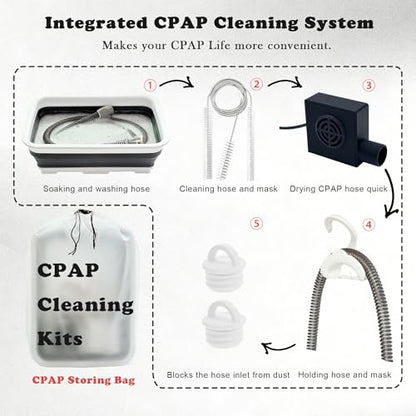 CPAP Cleaning Kit with Hose Dryer for Universal 22mm Tubing, Cpap Cleaner Supplies Includes Collapsible Wash Basin, Hose & Mask Brush, CPAP Holder & Hose End Caps | Make Cpap Cleaning Easier - color: Cpap Cleaning Kit With Hose Dryer