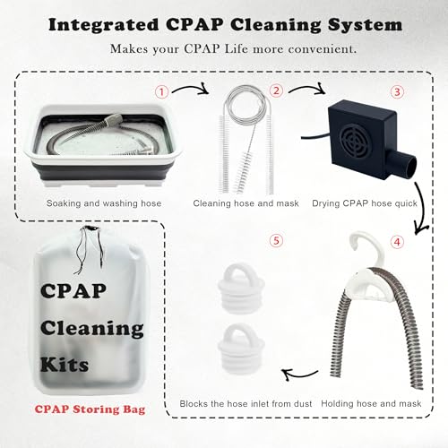 CPAP Cleaning Kit with Hose Dryer for Universal 22mm Tubing, Cpap Cleaner Supplies Includes Collapsible Wash Basin, Hose & Mask Brush, CPAP Holder & Hose End Caps | Make Cpap Cleaning Easier - color: Cpap Cleaning Kit With Hose Dryer