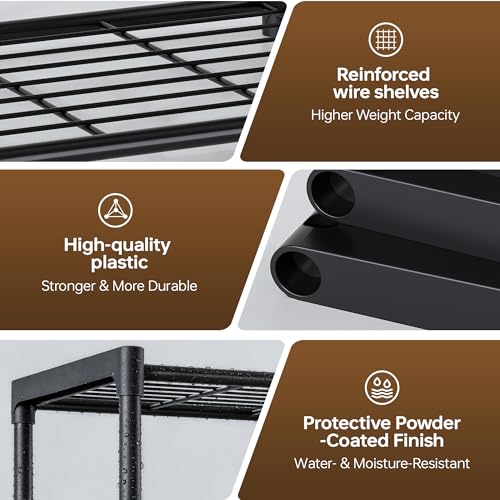 5-Tier Storage Shelves with Plastic Connectors – Metal Shelf Organizer for Pantry, Closet & Bathroom, Space-Saving Sturdy Shelving Unit Rack, Black, 17.3" x 12.8" x 56.7" - size: 17.3" x 12.8" x 56.7"(5T)