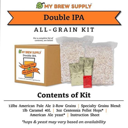 My Brew Supply Double IPA Brewing Kit | 12lbs American Pale 2-Row Malt | 1lb Caramel Grain | 3oz Centennial Pellet Hops | American Ale Yeast | 5 Gallon Advanced All Grain Home Brewing