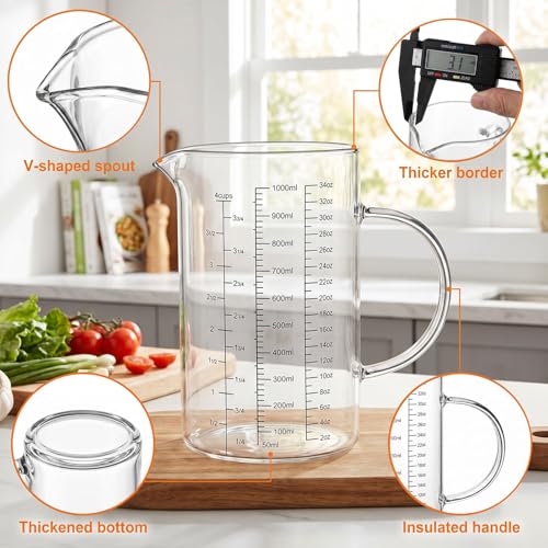 Graduated Glass Measuring Cup With Handle 1000ML (32Oz, 4Cups) | High Borosilicate Liquid Measuring Cup for Baking Cooking Kitchen V-Shaped Spout Glass Measuring Beaker Easy To Read - size: 1000ML (32Oz, 4Cups)