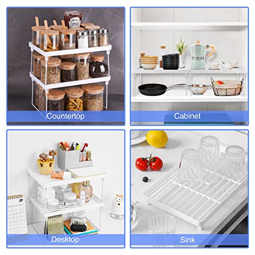 NiHome 4-Pack Stackable Plastic Kitchen Storage Shelf Foldable Rack, White | Stackable Kitchen Cabinet Organizer and Storage Shelves, Expandable Storage Racks for Counter Cabinet Pantry