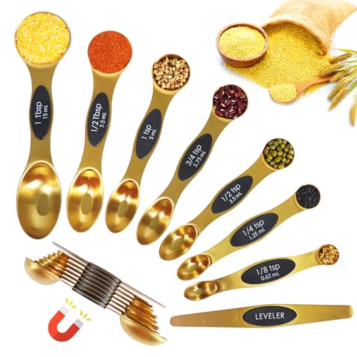 18-Pc Magnetic Measuring Cups and Spoons Set, with Lid, Golden | Includes 1 cover, 9 stackable cups set & 8 magnetic spoons, BPA-free & dishwasher safe, for liquid and dry baking - color: 18 Piece - Gold