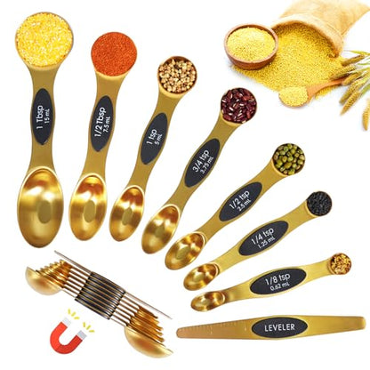 18-Pc Magnetic Measuring Cups and Spoons Set, with Lid, Golden | Includes 1 cover, 9 stackable cups set & 8 magnetic spoons, BPA-free & dishwasher safe, for liquid and dry baking - color: 18 Piece - Gold