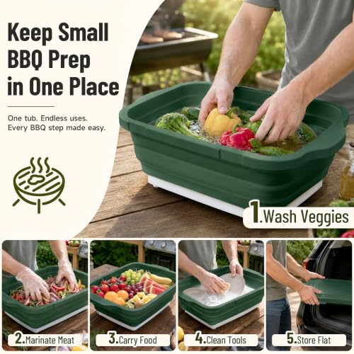 BBQ Prep Tub 3-IN-1 Large 16L Collapsible Cutting Board with Locking Lid for Meal Prep Marinating Food, Camping Sink with Colander, Dish Basin, Storage Blanket for Camping Picnic BBQ, Green - color: Green 16L