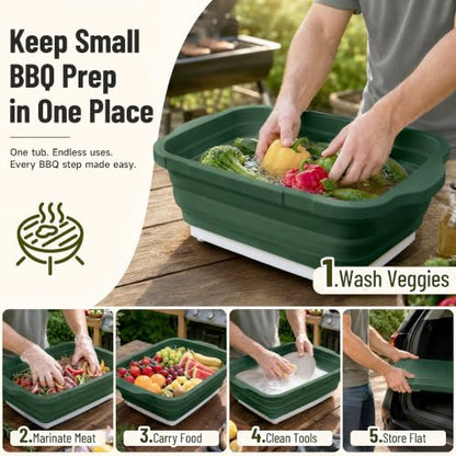 BBQ Prep Tub 3-IN-1 Large 16L Collapsible Cutting Board with Locking Lid for Meal Prep Marinating Food, Camping Sink with Colander, Dish Basin, Storage Blanket for Camping Picnic BBQ, Green - color: Green 16L