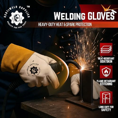 CertiWeld Supplies Leather Welding Gloves – Heat Resistant Work Gloves –Protection Sleeves for BBQ, Gardening, Manual Work - size: Medium