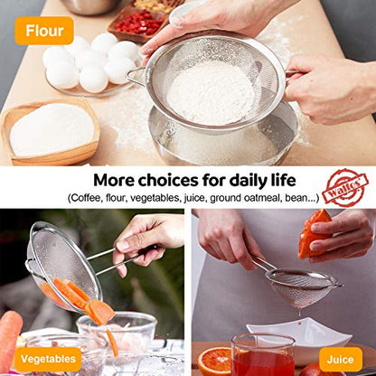 Walfos 6.3 Inch Fine Mesh Strainer, Premium Stainless Steel Sieve and Sifter with Handle, Kitchen Metal Strainers for Rice, Quinoa, Fruits, Noodles, Flour - size: 6.3"
