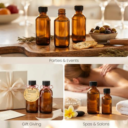 TBWIND 54 Pack 2oz Amber Glass Boston Round Bottles with Airtight Caps | Travel Size Bottles for Essential Oils, Perfume, Vanilla Extract, Tinctures & DIY Sample with Droppers, Labels & Funnels - size: 2oz