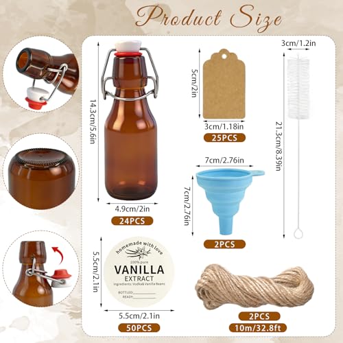 24 Sets Swing Top Glass Bottles Set 4 Oz Vanilla Extract Bottles Amber Homemade Vanilla Extract Jars for Weddings Family Gatherings Christmas DIY Crafts