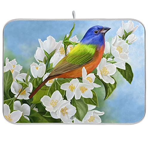 Absorbent Dish Drying Mat for Kitchen Counter - Peach Blossom Blue Hummingbird Microfiber Drying Pad, Reversible Drainer Mats for Countertop, Small 16" x 18" - color: Peach Blossom Blue Hummingbird, size: 16x18(in)x1