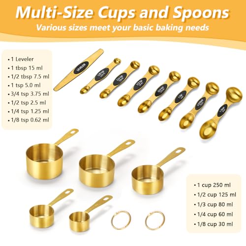 Gold Measuring Cups and Spoons, Set of 13, Including 8 Dual Sided Magnetic Measuring Spoons set with Leveler, 5 Measuring Cups, Stainless Steel Kitchen Gadgets for Liquid & Dry Ingredients - size: Set of 13