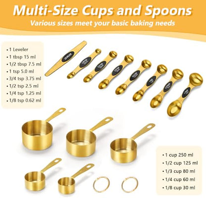Gold Measuring Cups and Spoons, Set of 13, Including 8 Dual Sided Magnetic Measuring Spoons set with Leveler, 5 Measuring Cups, Stainless Steel Kitchen Gadgets for Liquid & Dry Ingredients - size: Set of 13