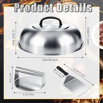 3 Pcs Smash Burger Kit 12" Cheese Melting Cover and 8.5" Burger Press with Grill Spatula Basting Cover, Stainless Steel Hamburger Turner, Melting Dome, Accessories Kit for BBQ Kitchen