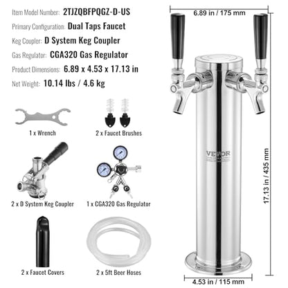 VEVOR Kegerator Tower Kit, Dual Taps Beer Conversion Kit, Stainless Steel Keg Beer Tower Dispenser with Dual Gauge CGA320 Regulator & D-System Keg Coupler, Self-Closing Spring for Party Bar Home - style: Dual Faucets Beer Tower