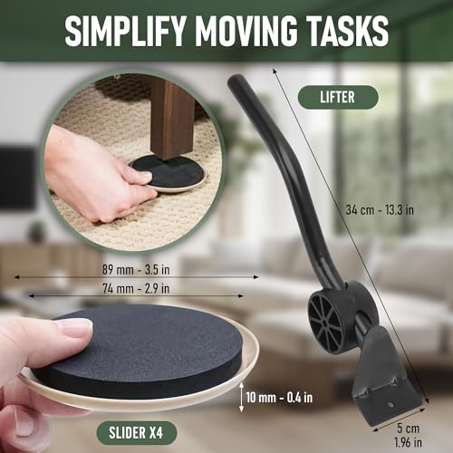 Heavy Duty Furniture Moving System with Lifter Tool and 4 Sliders - Easy Furniture Moving and Lifting Set - Safe for Hardwood Floors and Carpet - Supports Up to 660 lbs