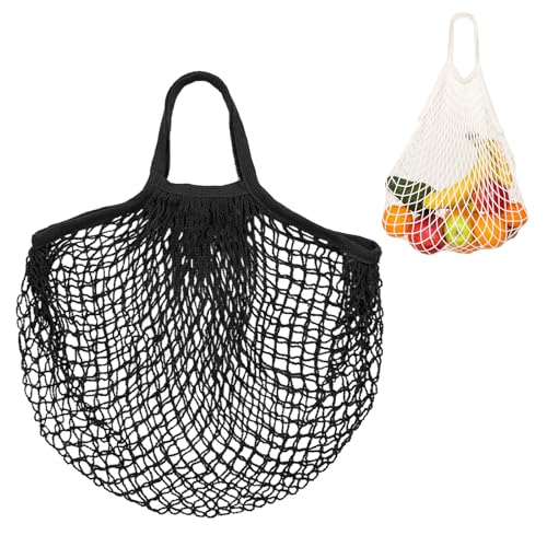 M METERXITY 1-Pack Cotton Mesh Bag, Reusable Washable Mesh Net String Grocery Bags, Reusable Produce Bags with Handle, Net Tote Bag for Fruits/Vegetables Shopping [Black, Short Handle] - color: Black