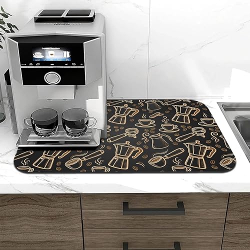 Black and Gold Coffee Tool Coffee Drying Mat 12" x 19", Absorbent Waterproof Coffee Station Mat, Protects Countertops from Spills Stains for Coffee Makers and Home Baristas - color: Black and Gold