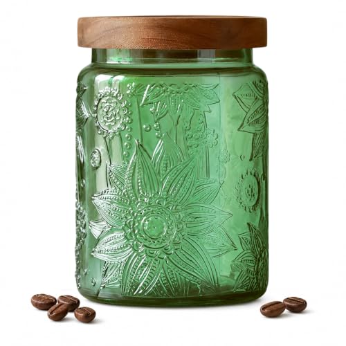ANSQU Vintage 23.7oz Glass Storage Jar with Solid Wood Lid - Sunflower Embossed Airtight Canister for Coffee, Tea, Candy, Cookies, Bath Salts & More - Decorative Multi-Purpose Jar (Green, 1 Pack) - color: Green, size: 23.7 Ounces