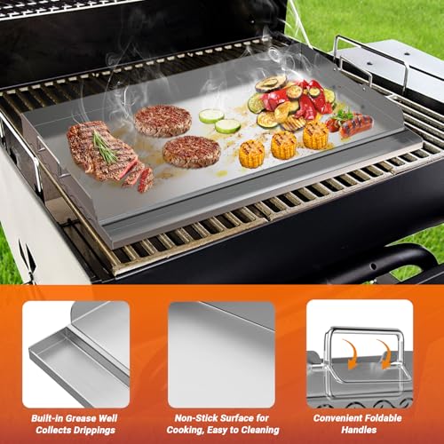 Skyflame 25"x16" Stainless Steel Griddle Plate for BBQ, Hibachi, Flat Top Grill with Even Heating, Grease Groove, Foldable Handles, Ideal for Charcoal/Gas Grills, Camping, Tailgating, Outdoor Cooking - size: 25" x 16" x 2.2"