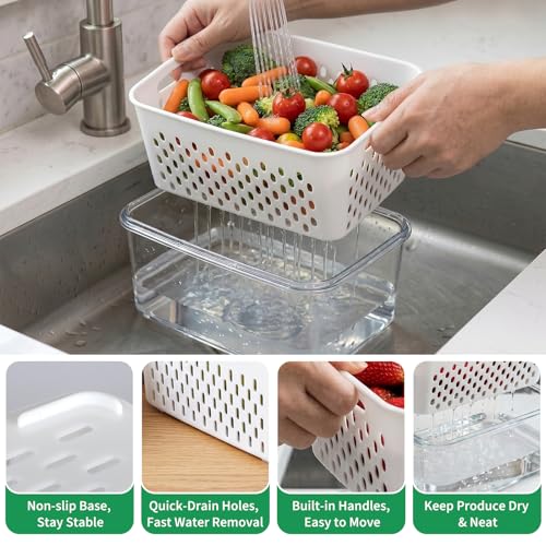 Vegetable Containers for Fridge, Stay Fresh Fruit Vegetable Storage Containers with Lid and Removable Colander, Stackable Vegetable Storage for Berry Salad Lettuce Vegetables Meat Various Food, 3PCS