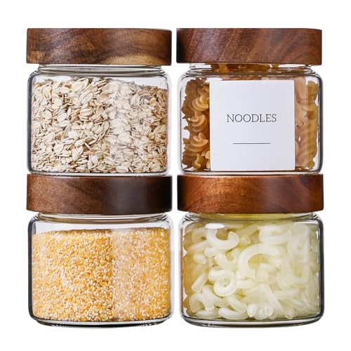 Glass Jars with Wood Lid 15 Oz 4 Pack, 3.44 MM Thick Glass Containers Mason Jars for Kitchen Storage with Screw Top