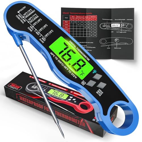AWLKIM Meat Thermometer Digital, Instant Read Thermometer, Blue | Grill, BBQ, candy and baking thermometer with backlit display, foldable probe and magnetic storage. - color: Blue