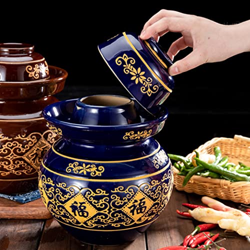ZHOUXIAO Chinese Pickle Jar,Traditional Porcelain Pickle Jar, Ceramic Fermentation Crock Pickling Pot,Fermenting Jar with Water Seal Airlock Lid Stoneware Fermenter for Kimch blue-3KG