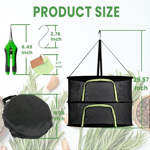 2 Layer 24" Herb Drying Rack Hanging with Garden Pruning Shears, Large Zipper, Hook & Notepad, Foldable Drying Rack for Herbs, Spices & Seasonings, Hanging Herb Dryer Indoor Outdoor - size: 20*24 INCH
