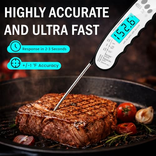 COOLMI Instant Read Meat Thermometer, 2-Second Waterproof for Cooking & BBQ | 180° Auto-Rotating Backlit Display, Magnetic Storage, Digital Meat Thermometer With Lock And Calibration For Grilling - color: Classic Model-Black