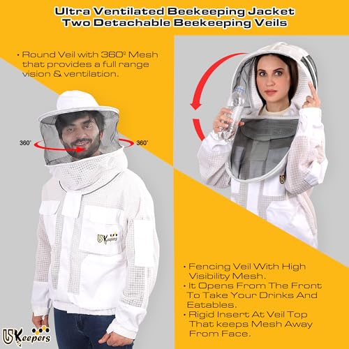 3 Layer Ventilated Sting Proof Bee Jacket for Men & Women, Premium Beekeeping Jacket with Gloves & Two Beekeeper Veils. (White J/XL) - color: White, size: X-Large