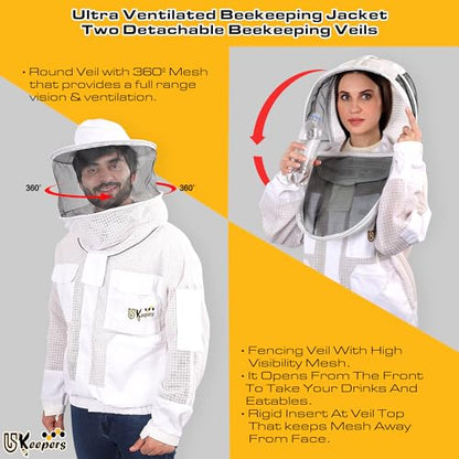 3 Layer Ventilated Sting Proof Bee Jacket for Men & Women, Premium Beekeeping Jacket with Gloves & Two Beekeeper Veils. (White J/M) - color: White, size: Medium