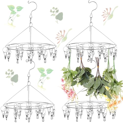 Bokon 4 Pcs Hanging Drying Rack for Herb Macrame Flower with Stainless Clip Dryer Hook for Drying Herb Air Plants Spices Flower Hydroponic Plant Ready to Use with Ceiling Hook(Round) - style: Round
