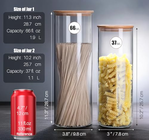 66 oz Glass Food Storage Jars with Airtight Lids, Tall Clear Glass Jar with Bamboo Lid, Airtight Food Canister for Pasta, Candy, Coffee, Sugar, Cookie, Snack. (Round | 10+11 Inch) x2 - color: Round 4 Pack (66+37oz)x2