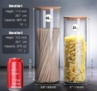 66 oz Glass Food Storage Jars with Airtight Lids, Tall Clear Glass Jar with Bamboo Lid, Airtight Food Canister for Pasta, Candy, Coffee, Sugar, Cookie, Snack. (Round | 10+11 Inch) x2 - color: Round 4 Pack (66+37oz)x2