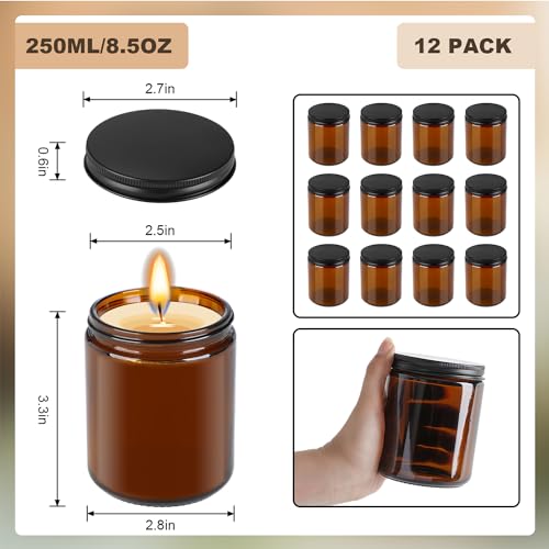 Goiio 6 Pack Amber Glass Jars, 8 Oz Thick Amber Round Glass Jars | with Black Metal Lids, for Spice, Sample, Leakproof and Dishwasher Safe