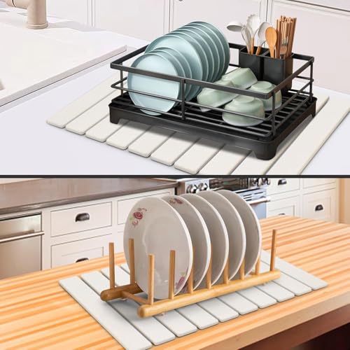Large Stone Dish Drying Mat for Kitchen Counter, 24"(L)×16"(W), Collapsible Quick Drying Dish Mats, Ultra Absorbent Diatomaceous Earth Mats for Dishes Bottles Cups, Match Any Countertop - size: 24" x 16"