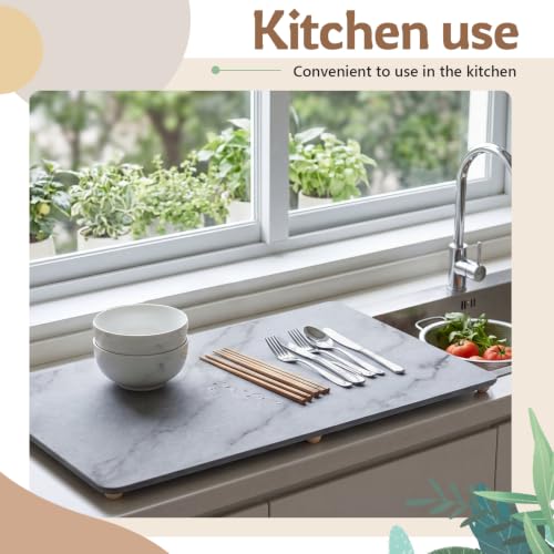 1 Pcs 32" x 18" Extra Large Stone Dish Drying Mat for Kitchen Counter Marble Diatomaceous Earth Mat with Wooden Feet Absorbent Quick Dry for Pot Dishes Bottles Cups Bottles Tableware