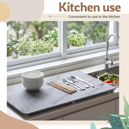 1 Pcs 32" x 18" Extra Large Stone Dish Drying Mat for Kitchen Counter Marble Diatomaceous Earth Mat with Wooden Feet Absorbent Quick Dry for Pot Dishes Bottles Cups Bottles Tableware
