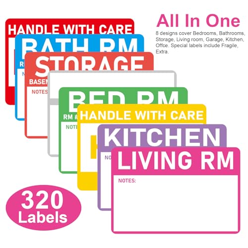320 Count Home Moving Labels- 3 x 2 inches, Removable Packing Box Stickers, 8 Designs Waterproof Color Coded Moving Stickers with Fragile and Blank Labels - color: Multicolored, size: 320 PCS
