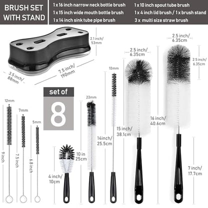 ALINK 8 Pack Black Bottle Brush Cleaning Set with Stand, Long Handle Bottle Cleaner with Holder for Narrow Neck Beer Wine Brewing Bottles, Stanley Water Bottles, Baby Bottles, Tumblers, Carafe, Straws - color: Black