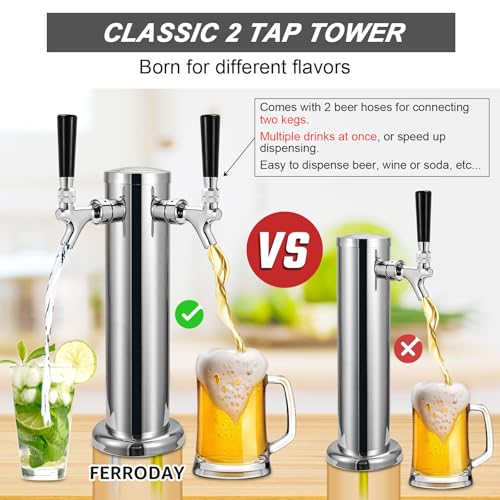 FERRODAY Kegerator Tower Dual Faucet Beer Tower Double Tap Beer Tower Dispenser Beer Tap Kegerator Parts Stainless Steel Tower Brass Faucet Stainless Core Pre-assembled Lines 3" Keg Tower Beer Keg Tap - size: Dual Tap-Brass Faucet
