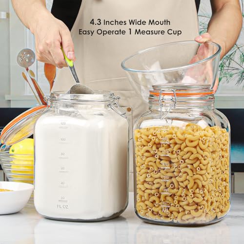 [UPGRADE] 2 Pack Square Super Wide Mouth Airtight Glass Storage Containers with Lids, 1.1 Gallon Glass Jars with 2 Measurement Marks, Canning Jars with Leak-proof Lid for Kitchen (Spare Gasket)