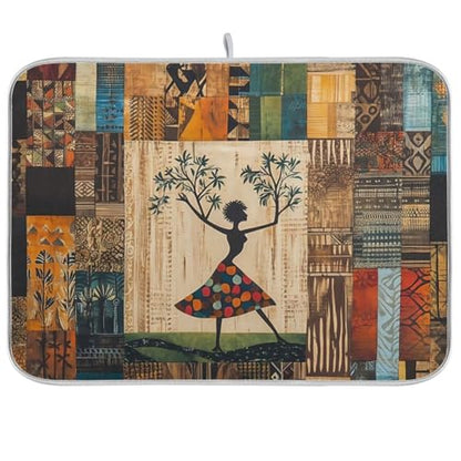 Woman Tree Artwork Dish Drying Mat for Kitchen Counter Super Absorbent Draining Mat with Non-slip Backed Drainer Mat for Dish Bottles Cups Bowl Sinks Countertops Draining Racks